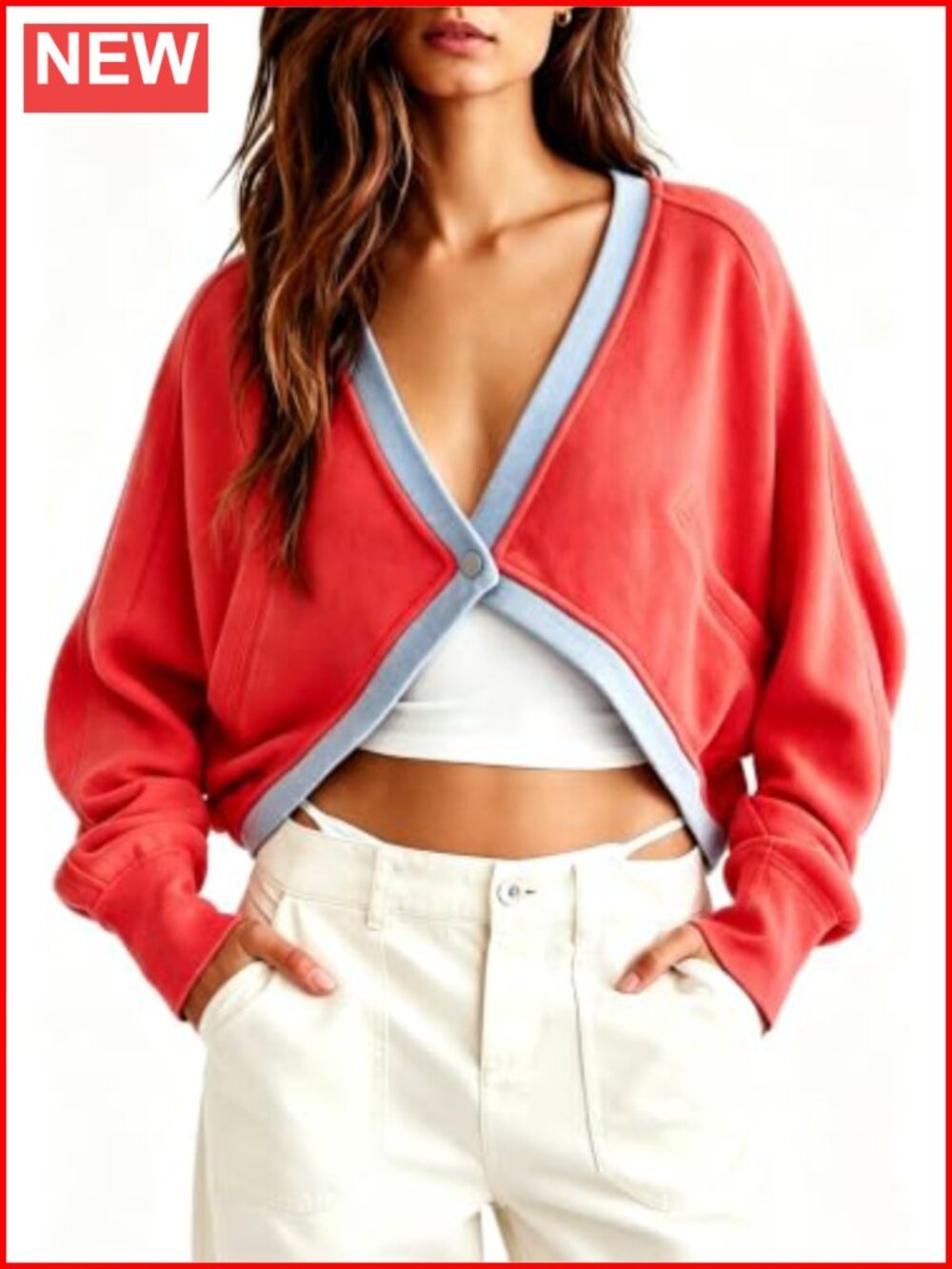 Cropped Cardigan Women Lightweight Cotton Blend V-Neck Snap Front Long Sleeve